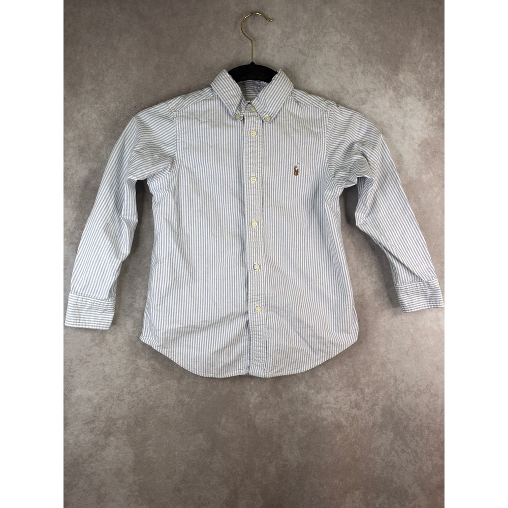 Ralph Lauren Button Down Shirt Boys 6 Blue White Striped Long Sleeve Pony Logo